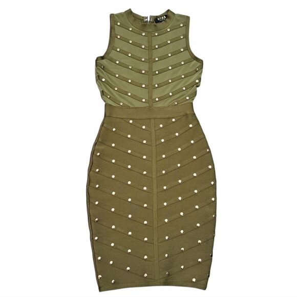 Hera Collection Studded Sexy Illusion  Mesh Bandage Bodycon Small Army Green - Picture 1 of 13